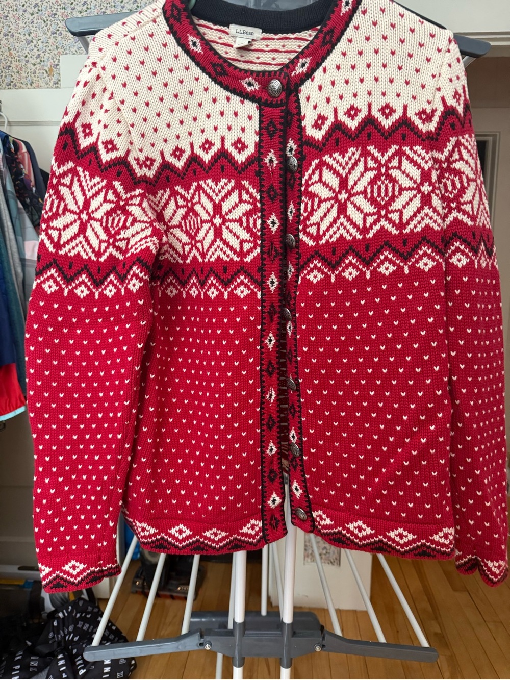 L.L. Bean Red and Cream Fair Isle Button-Up Cardigan